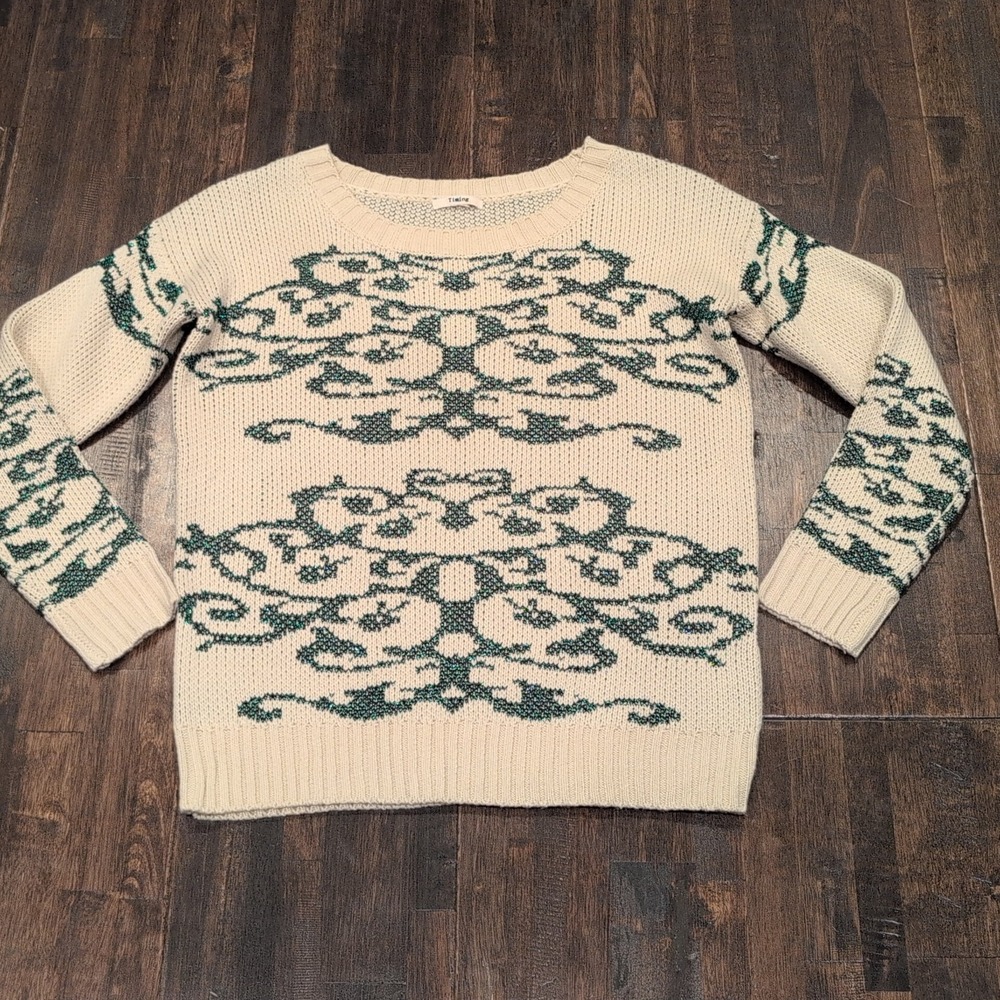 Timing Cream Green Metallic Ornate Knit Sweater Womens Medium Pullover Cozy